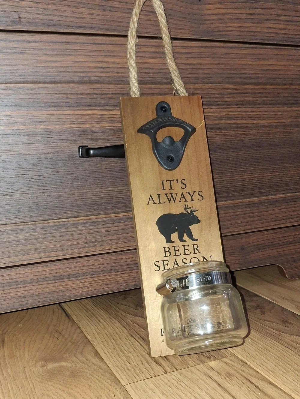 Wooden Wall Bottle Opener with Cap Jar - Brown
